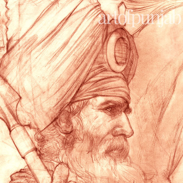 Sikh Warrior Art Akali Nihang red chalk drawing by artist Kanwar Singh