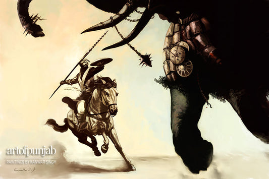 A painting featuring a warrior on horseback spearing an elephant, set against a desert backdrop with a few other figures and animals.