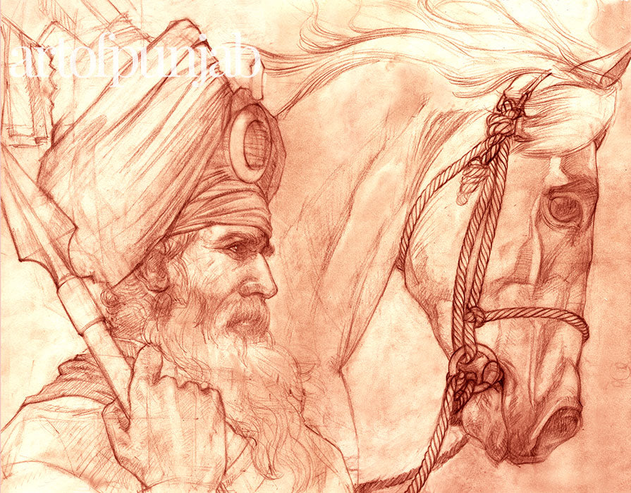 Sikh warrior Akali Nihang red chalk drawing by artist Kanwar Singh