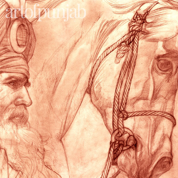 Akali Nihang Sikh warrior red chalk drawing by artist Kanwar Singh