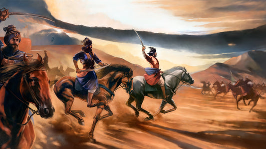 Sahibzada Ajit Singh Ji the eldest son of Guru Gobind Singh Ji at the battle of Chamkaur. Sikh warrior painting by artist Kanwar Singh
