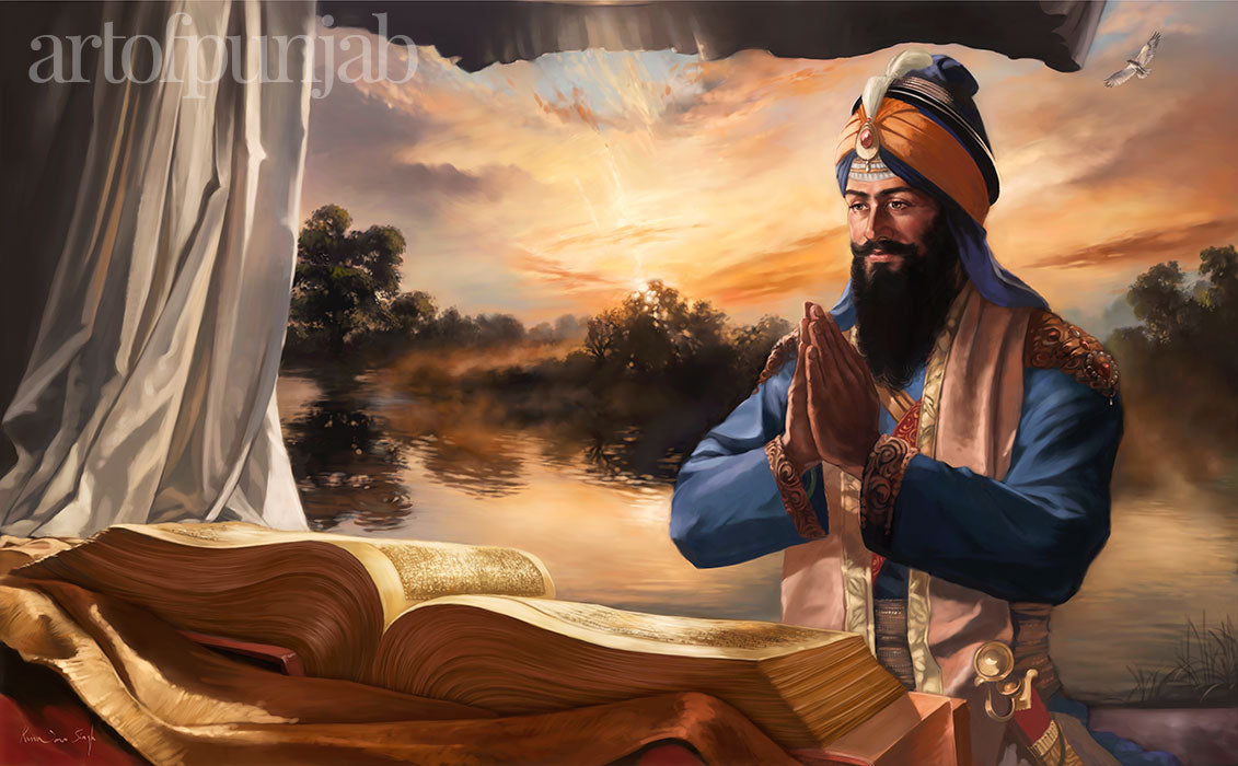 Guru Gobind Singh transferring Guruship to the Guru Granth Sahib Sikh painting by artist Kanwar Singh
