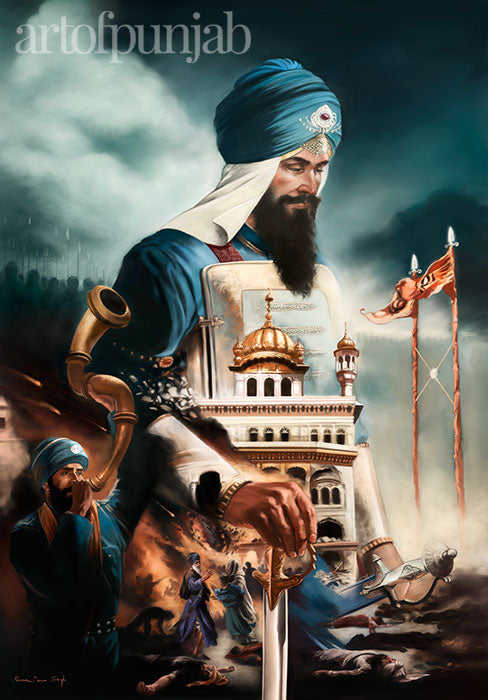 Guru Hargobind became the Guru of the Sikhs at the age of eleven after his father Guru Arjan was martyered. Sikh painting by artist Kanwar Singh